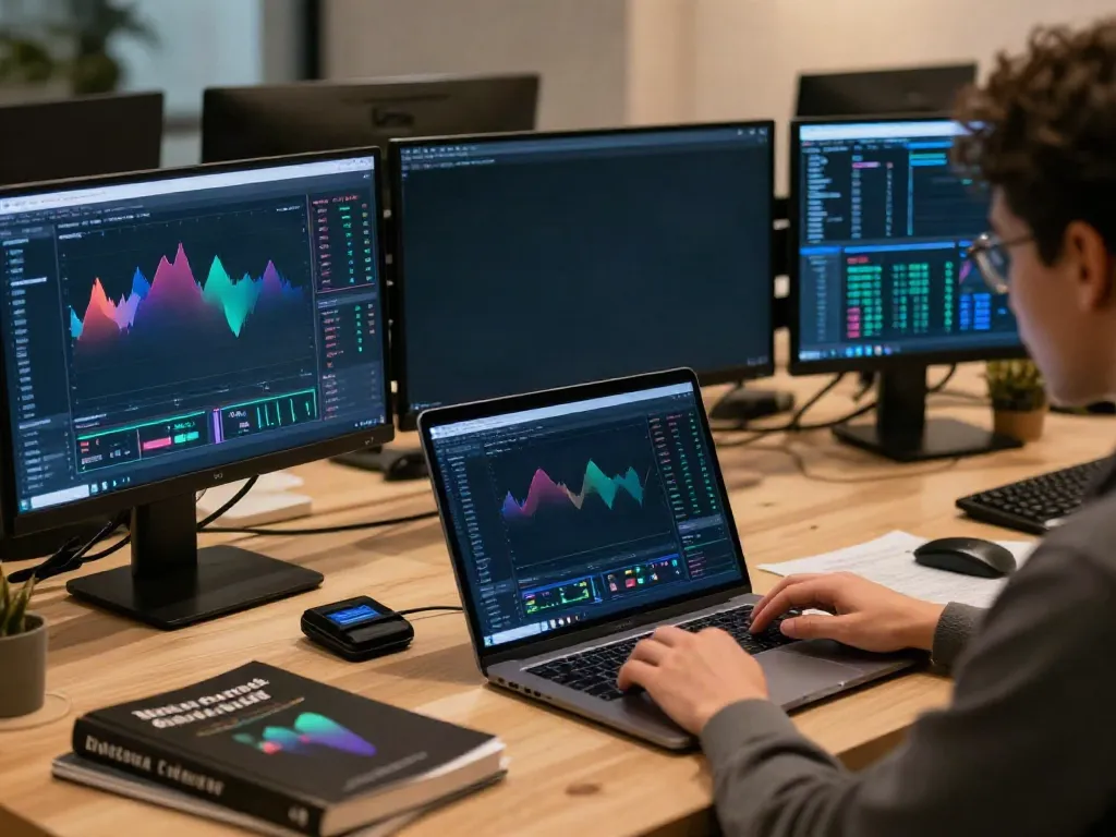 行情数据API对比 in a professional trading workspace with cryptocurrency charts and digital wallets.