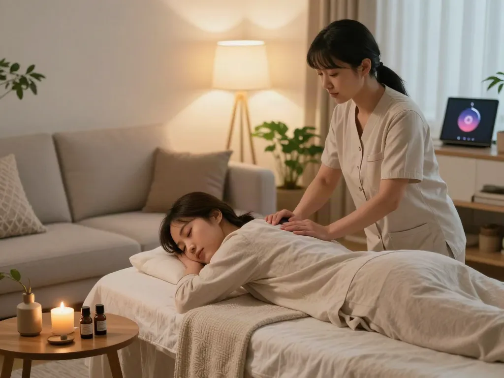 Relaxing 사당출장마사지 session in a cozy living room setting with therapeutic ambiance.