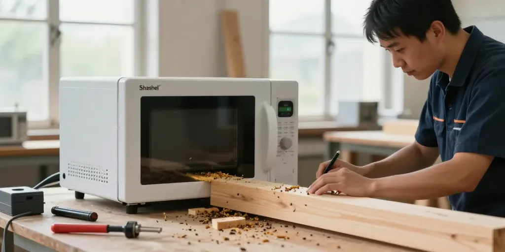 Shashel® microwave technology effectively eliminating wood-boring insects in a workshop setting.