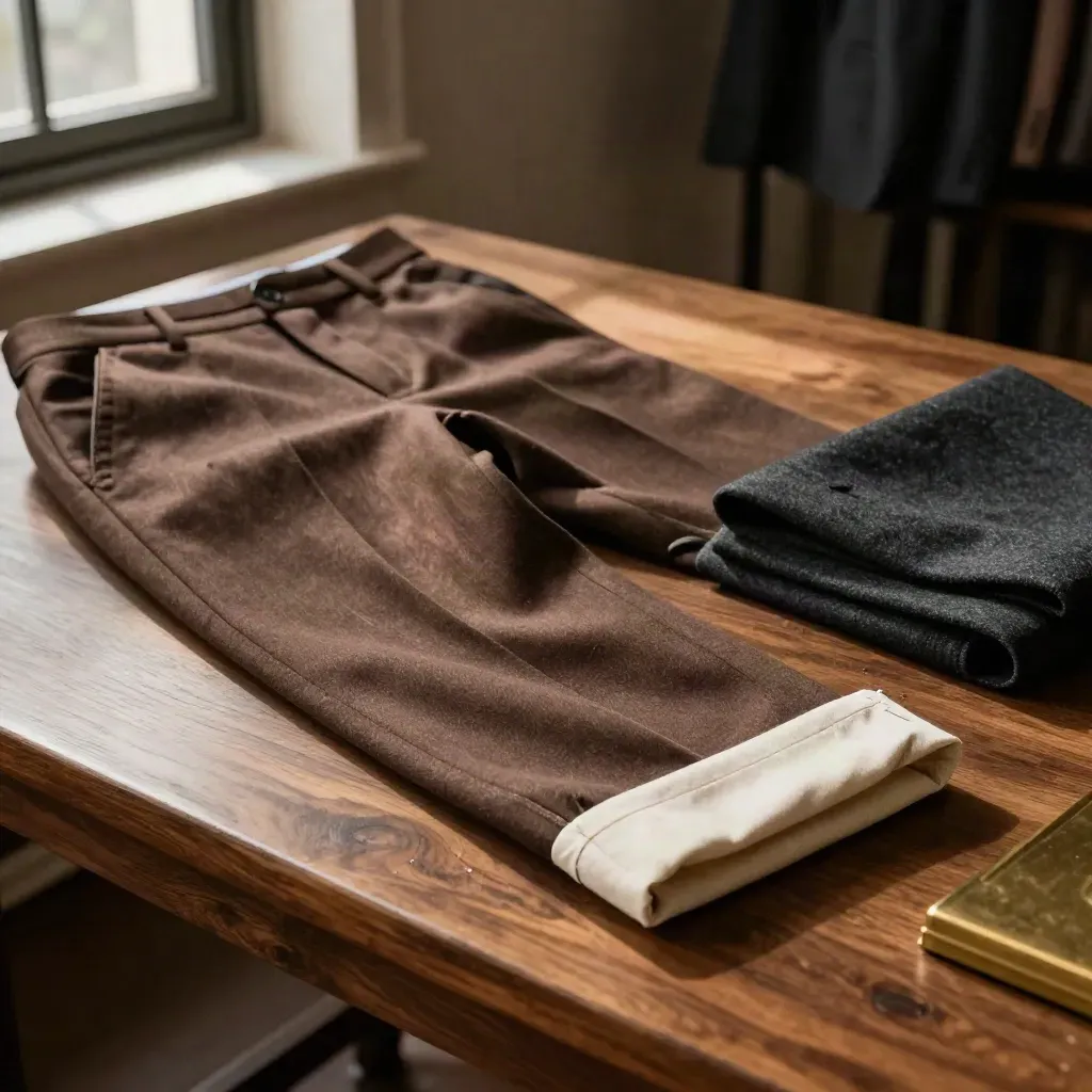 Tailored trousers on a wooden form with hem sample, sleeve board and folded jacket sleeve in a warm atelier.