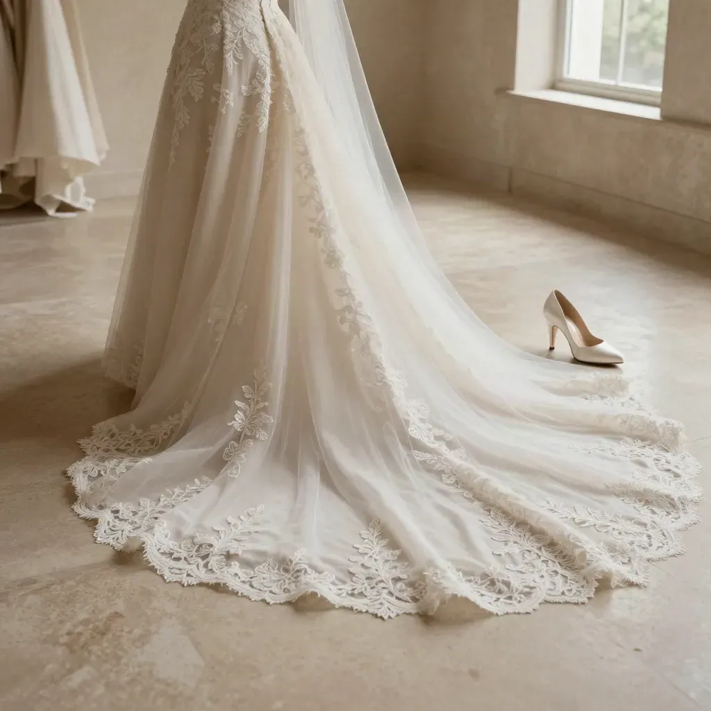 Ivory bridal gown hem settling across travertine floor beside a closed satin heel box.