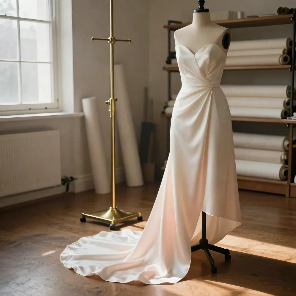 Ivory custom dress on a form with muslin toile and blush satin swatch in a warm atelier.