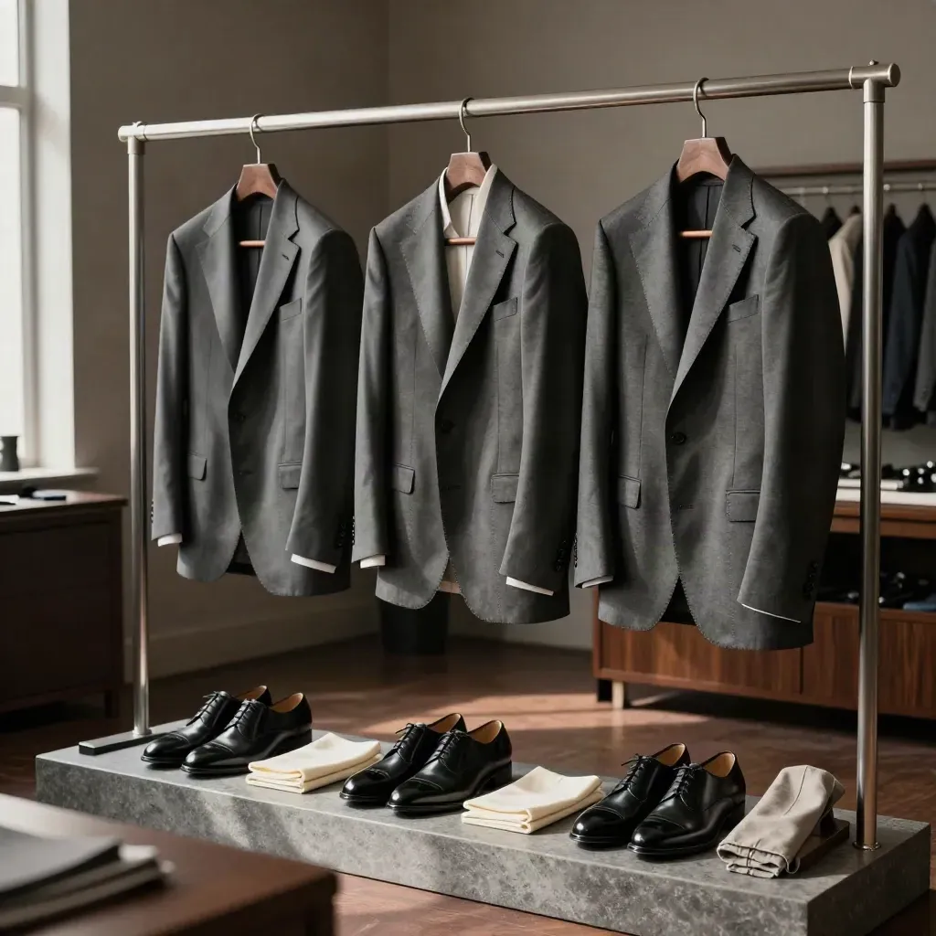 Three charcoal suits with polished shoes and pocket squares in a tailoring atelier