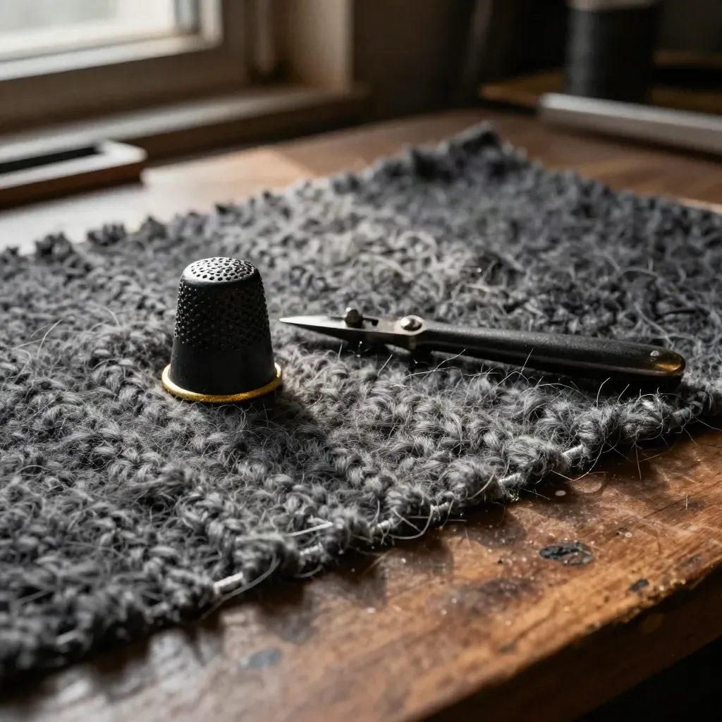 Macro of charcoal wool weave with a blackened thimble and seam ripper on a tailor’s bench.