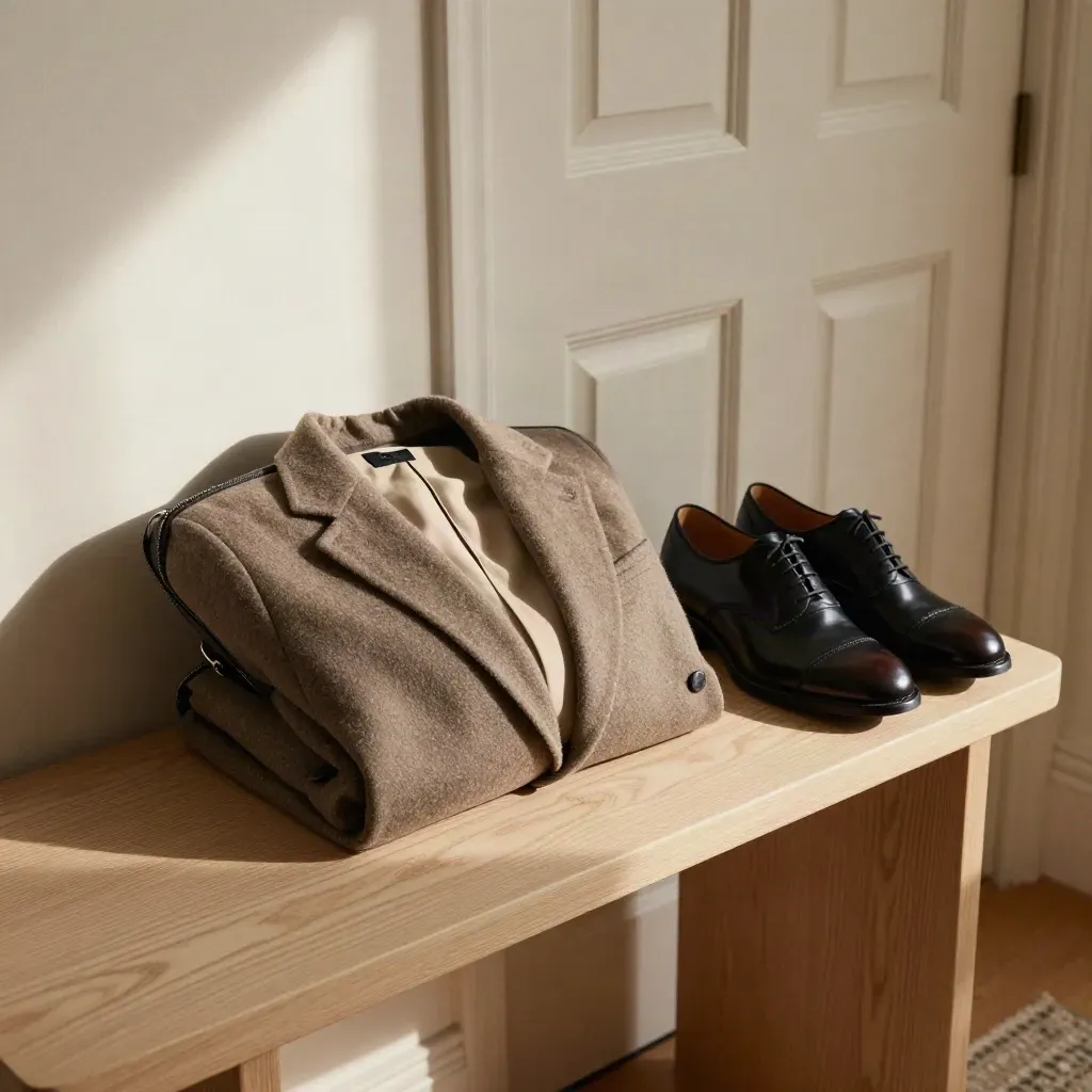 Garment bag, blazer, and polished shoes staged on a hallway console beside a closed door.