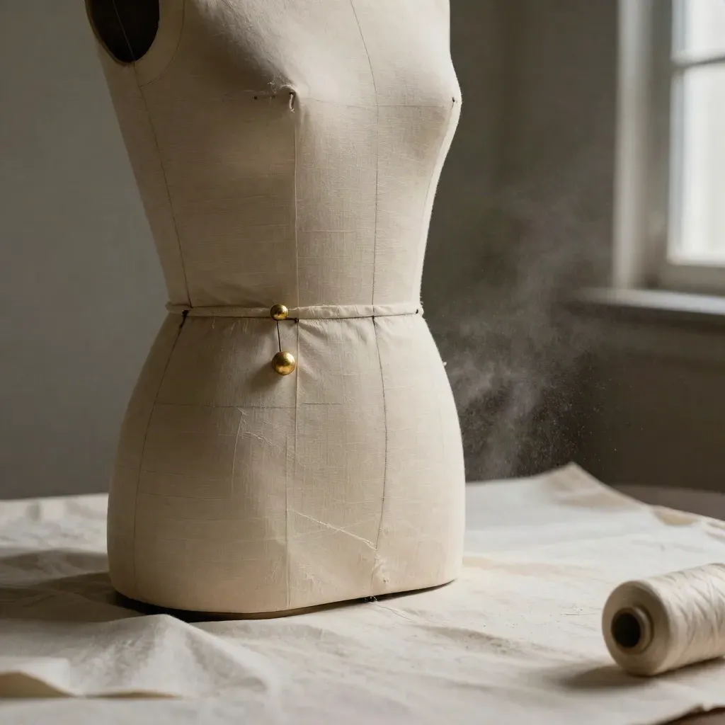 Cream dress form with pinned toile, brass weights, and chalk marks on plaster.