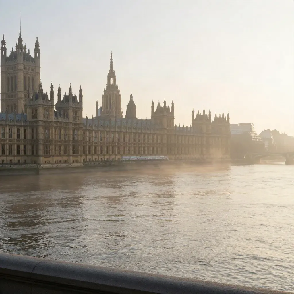 Westminster and Parliament silhouettes above silver Thames mist at dawn.