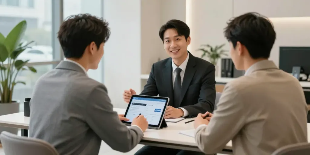 세종오피 서비스 상담 장면, 고급스러운 인테리어의 현대적인 사무실에서 고객과 상담원이 대화하고 있다.